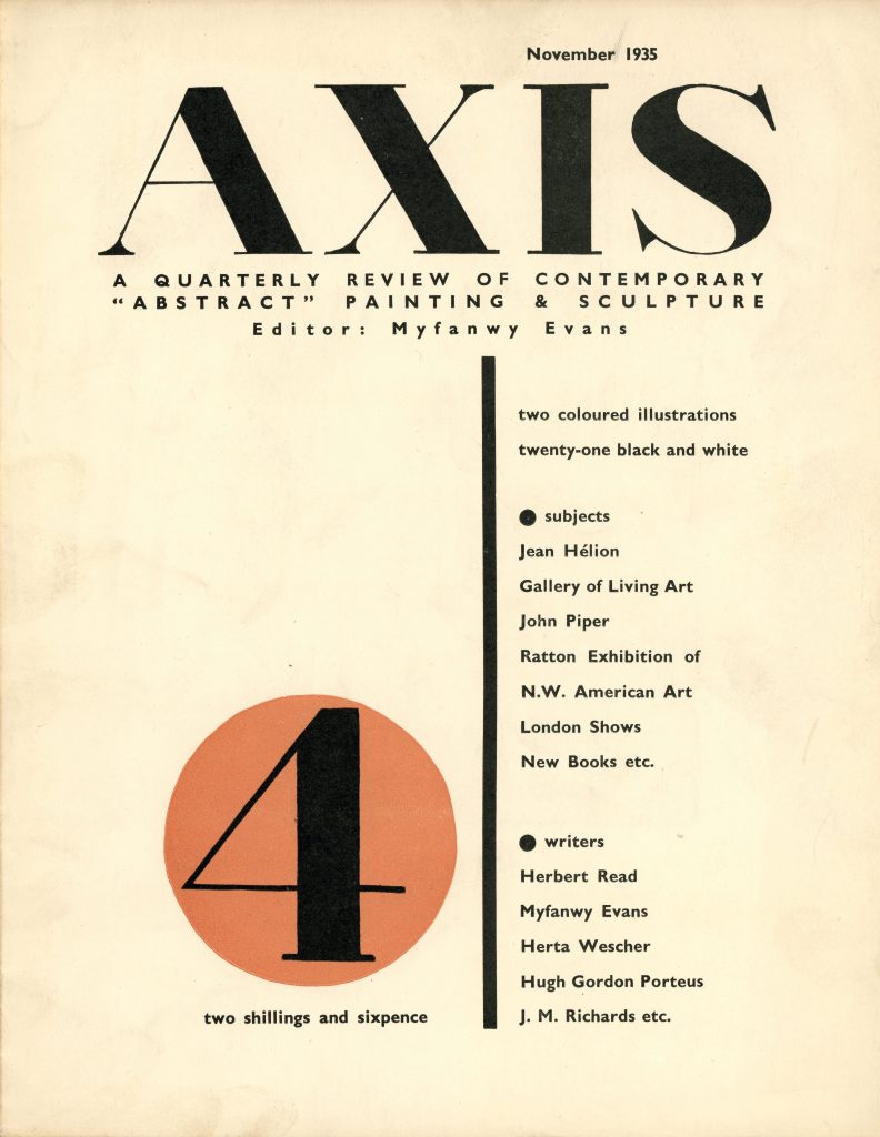 A close up of the cover of 'Axis' magazine with a bold black title, text on the right and a large black number four in a red circle on the left.